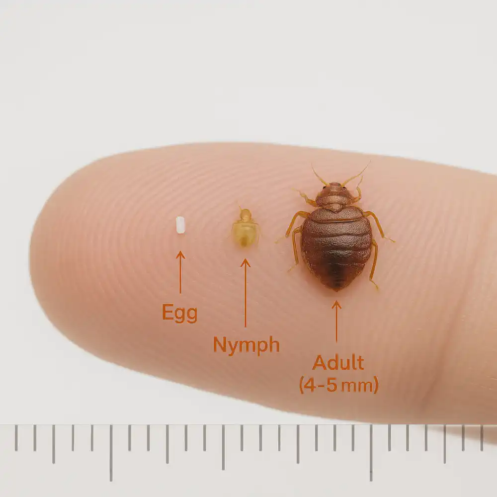Bed bug size comparison with penny and apple seed