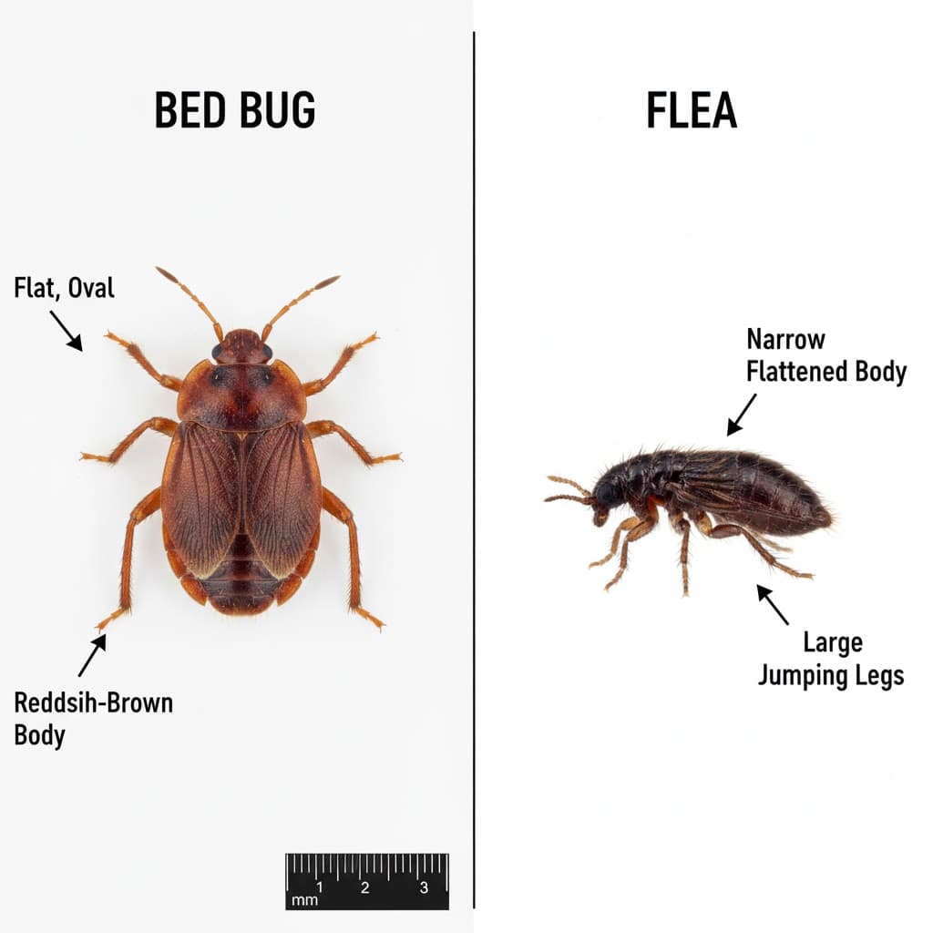 Comparison image of bed bug and flea showing size and shape differences