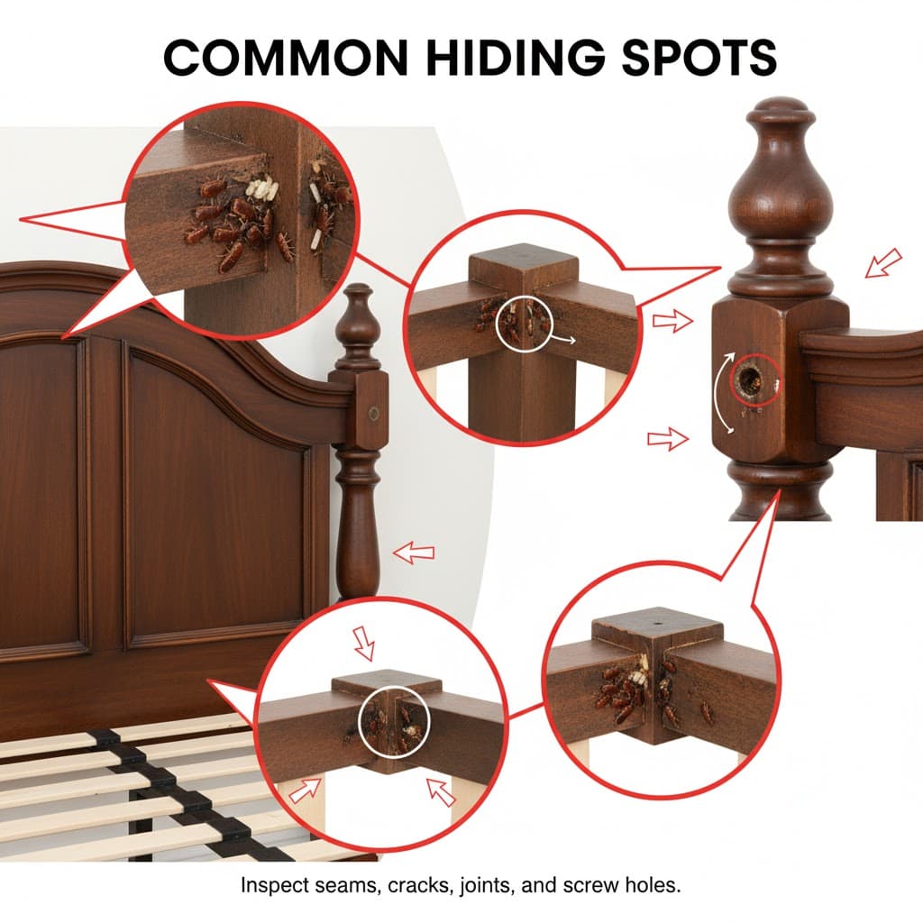 Bed bugs in common hiding spots on bed frame