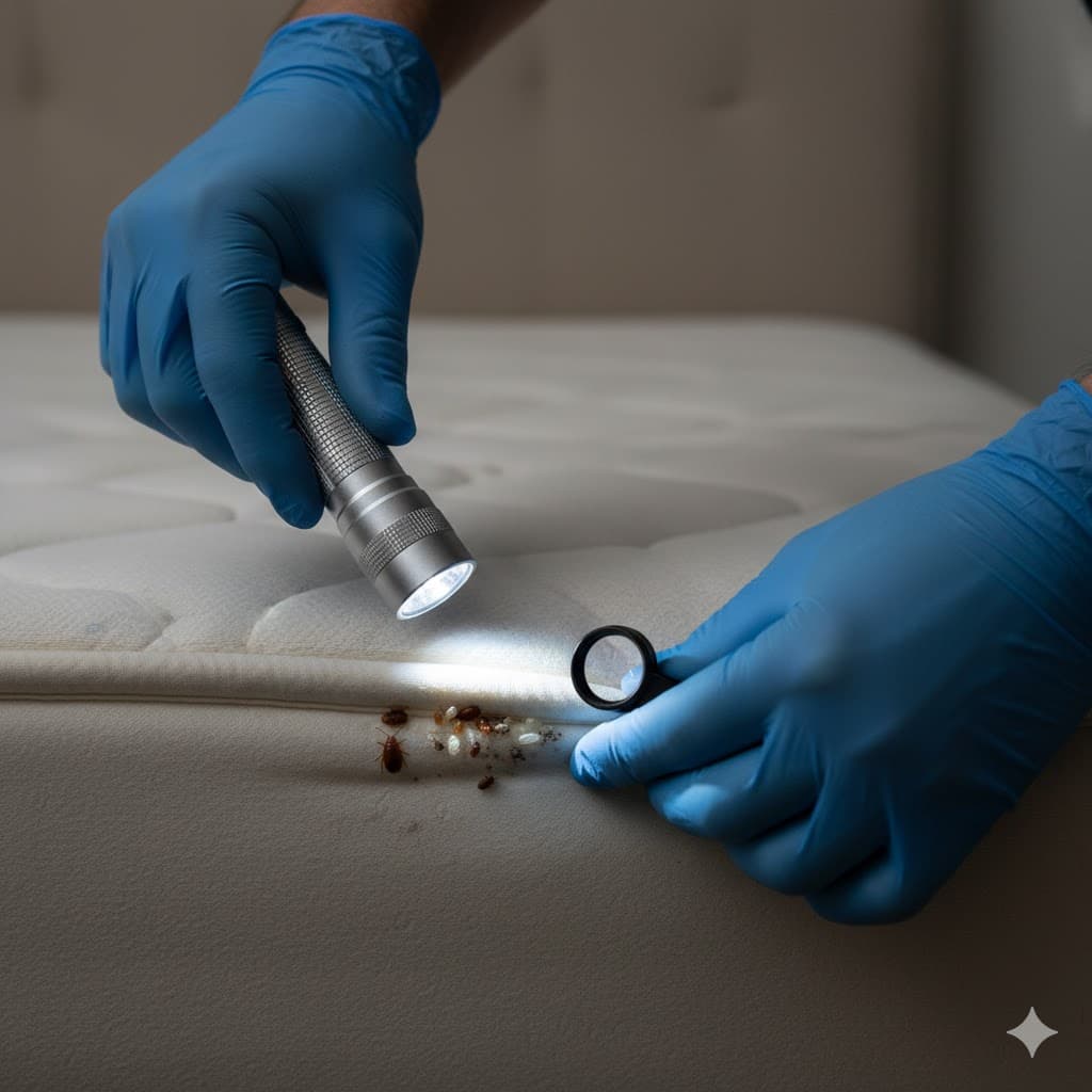 Person inspecting mattress seam with flashlight